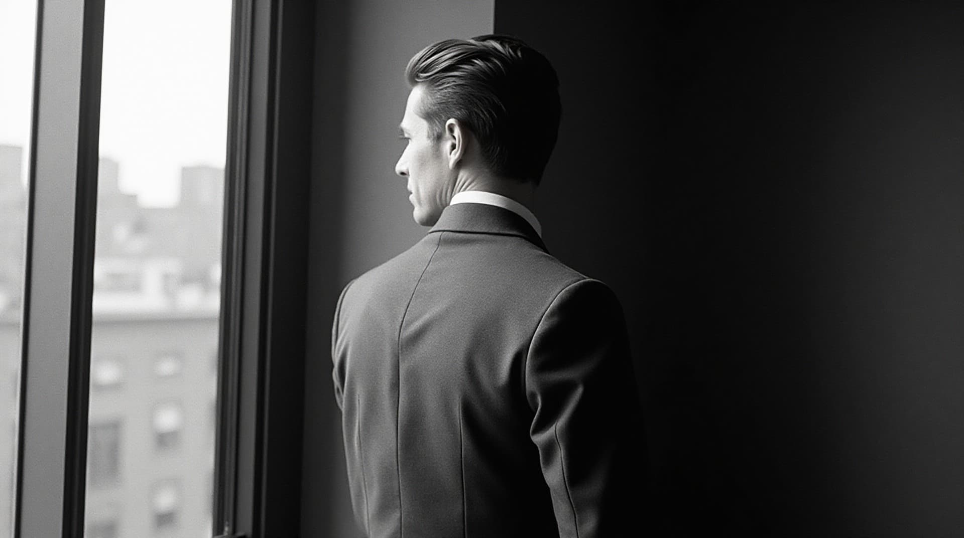 A man in a perfectly fitted dark bespoke suit against the Manhattan night skyline